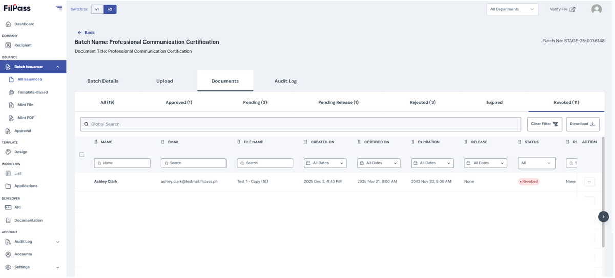 Image of Documents page on Revoked tab