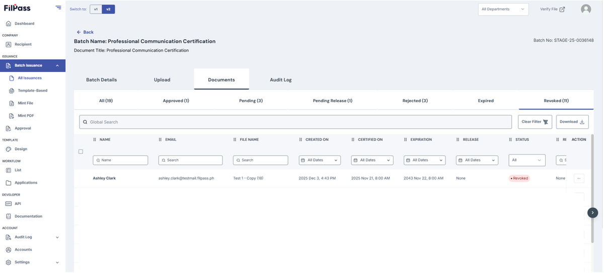 Image of Documents page on Revoked tab