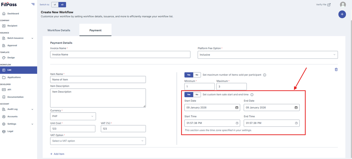 Image of the Payment tab with the "Set custom item sale start and end time" feature section highlighted in a red box