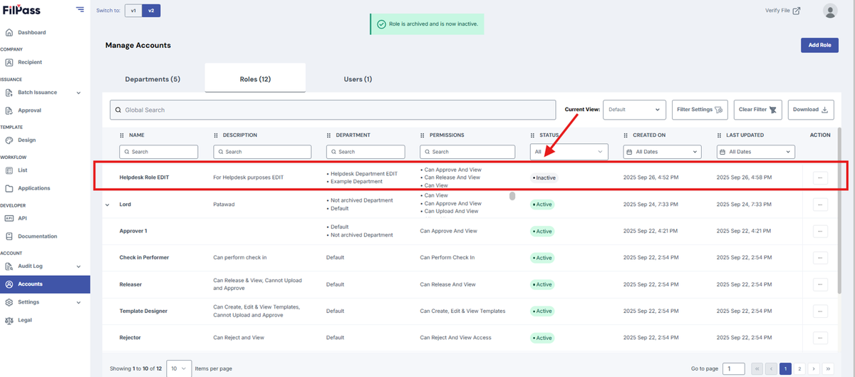 Image of the Role table with the Archived role highlighted