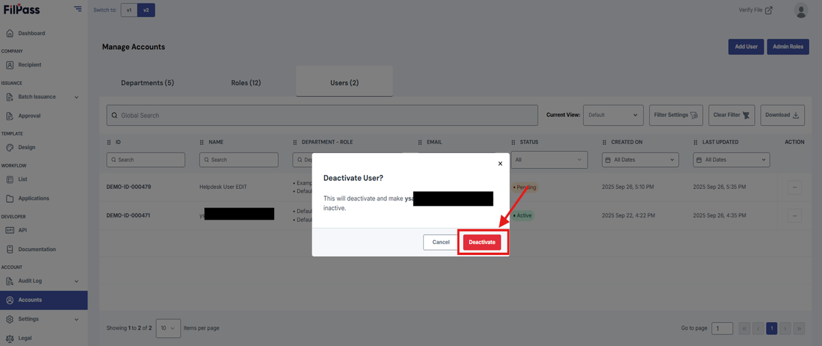 Image of the Deactivate User pop-up modal with the Deactivate button being highlighted.
