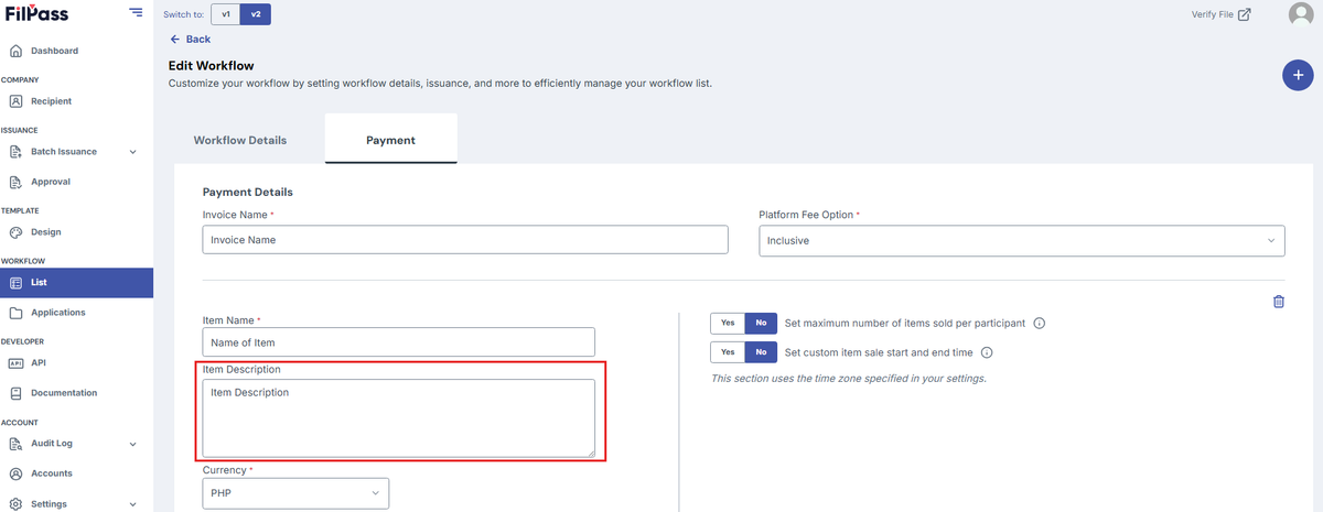Image of the Payment tab with the Item description highlighted in a red box