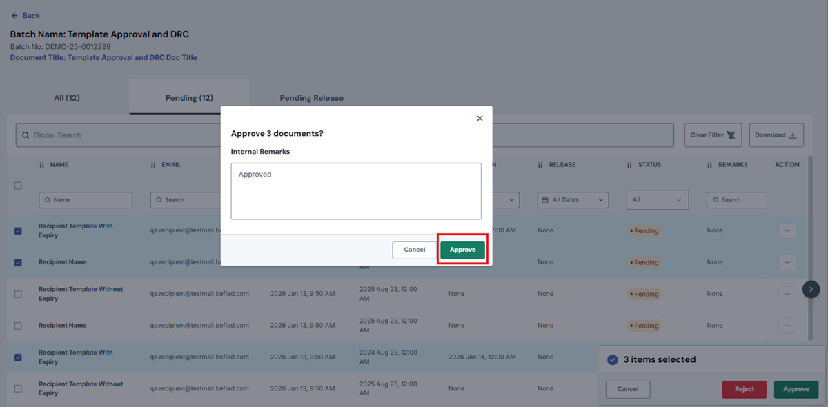 Image of Approve modal with the Approve button highlighted in a red box