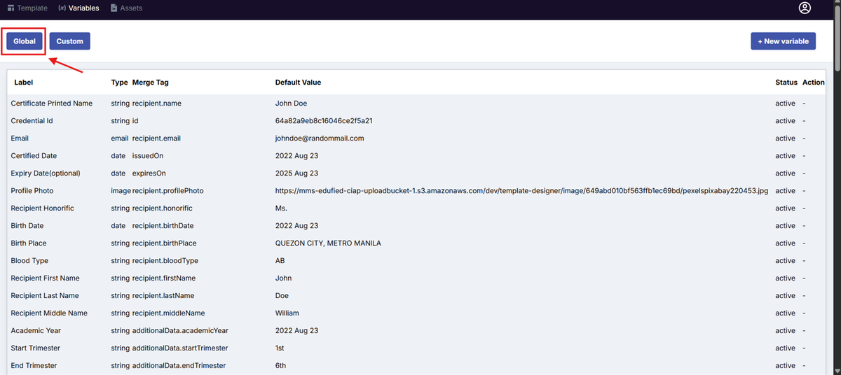 Image of the Variable page with the Global button highlighted in a red box