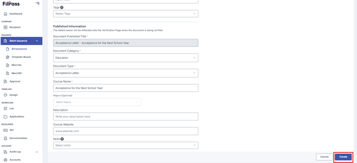 Image of Create Batch page with the Create button highlighted in a red box