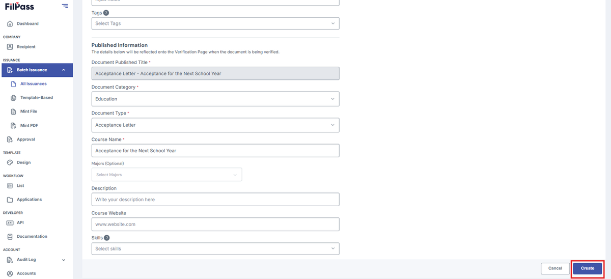 Image of Create Batch page with the Create button highlighted in a red box