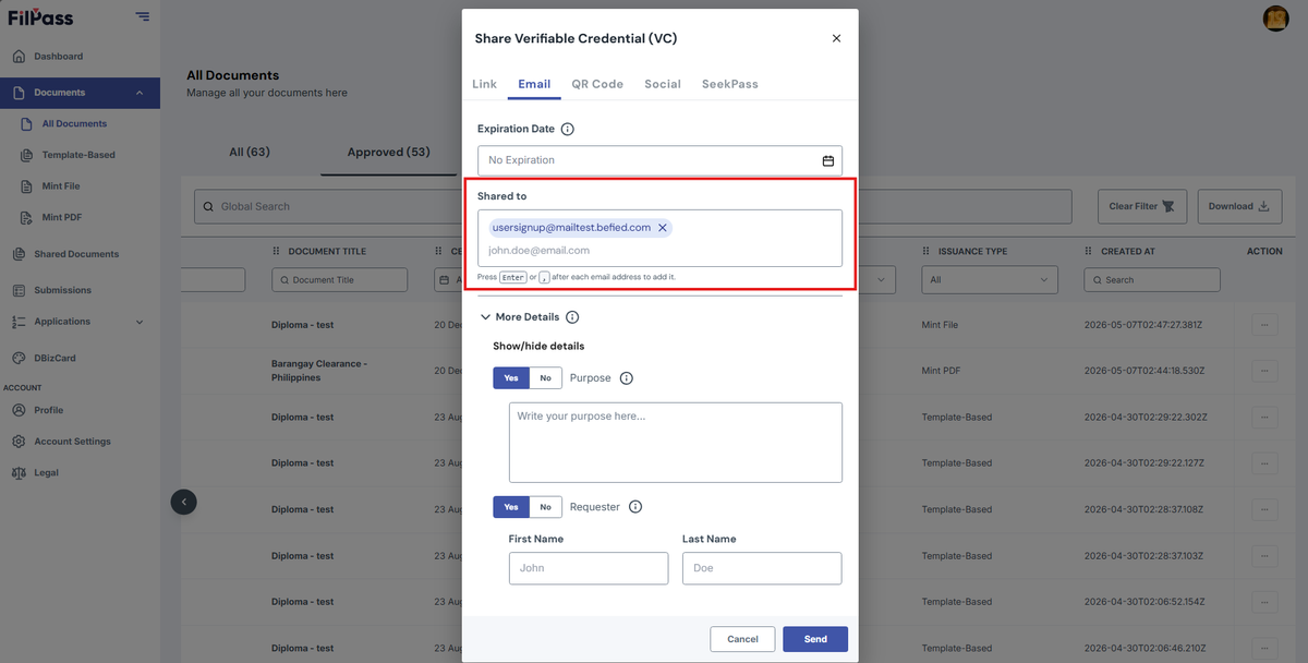 Image of the Share Modal in Email tab with the Share to field highlighted in a red box