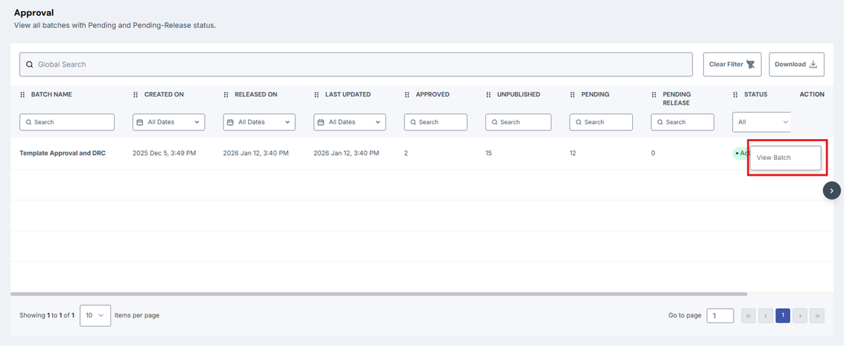 Image of Approval page with View batch button highlighted in a red box