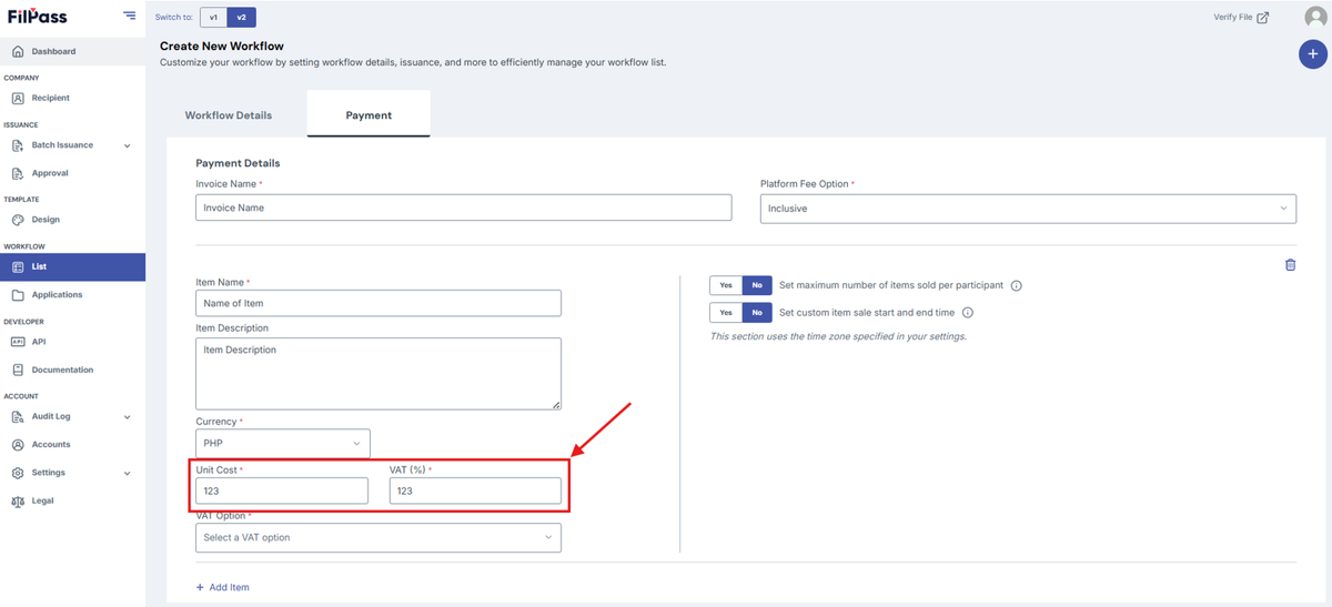 Image of the Payment tab with the Unit Cost and VAT% fields highlighted in a red box