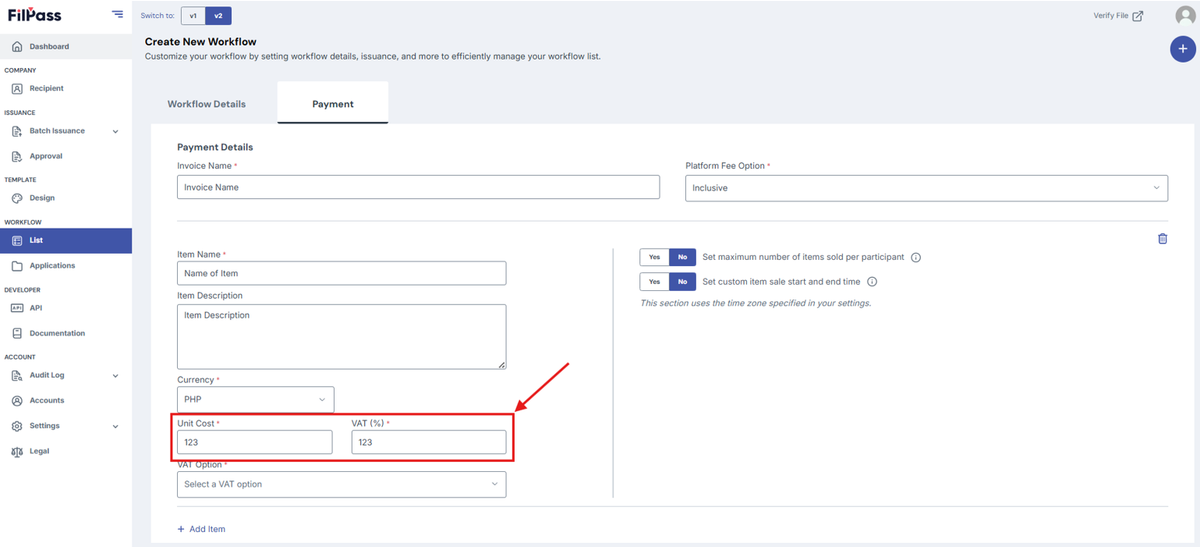 Image of the Payment tab with the Unit Cost and VAT% fields highlighted in a red box