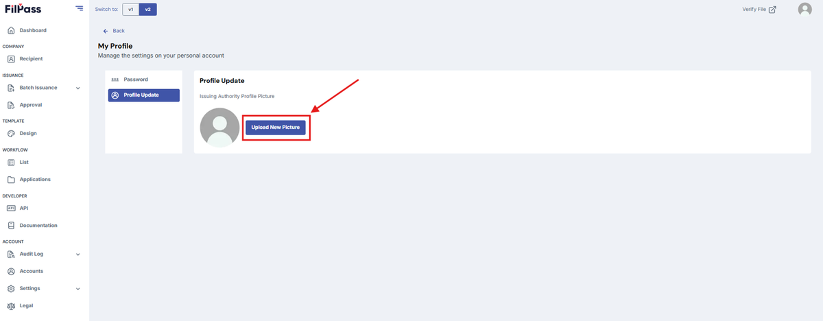 Image of Profile Picture page with the Uploaded New Picture button as highlighted.