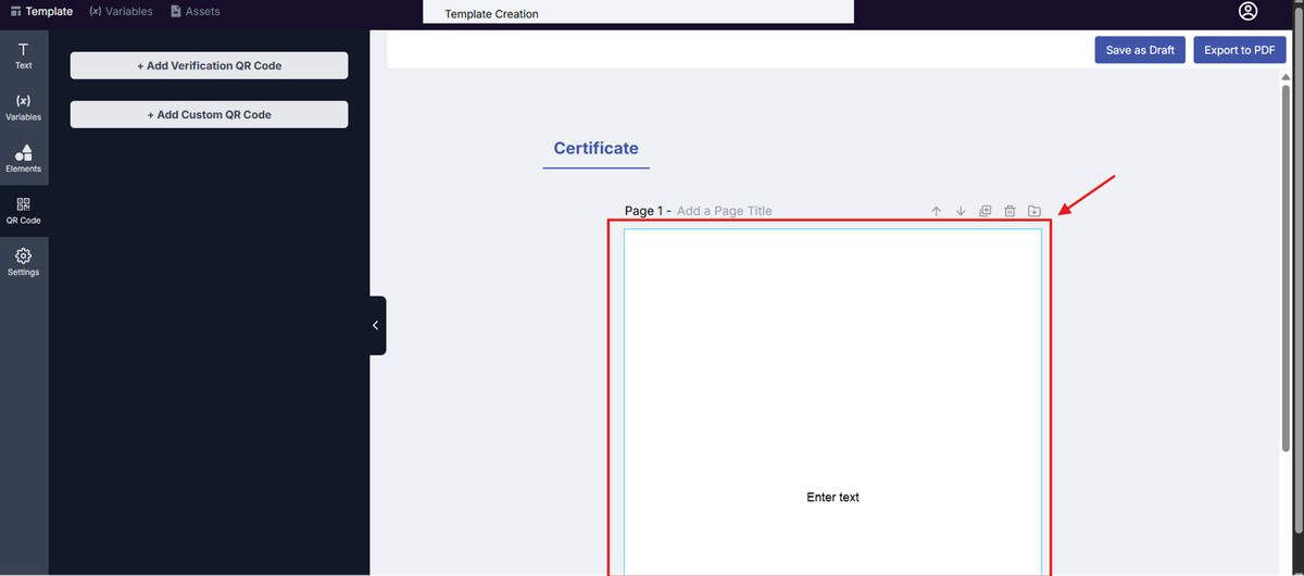 Image of the Template Design page with the Page section highlighted in a red box