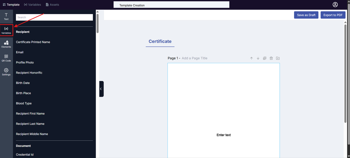 Image of the Template Design page with the Variable button highlighted in a red box