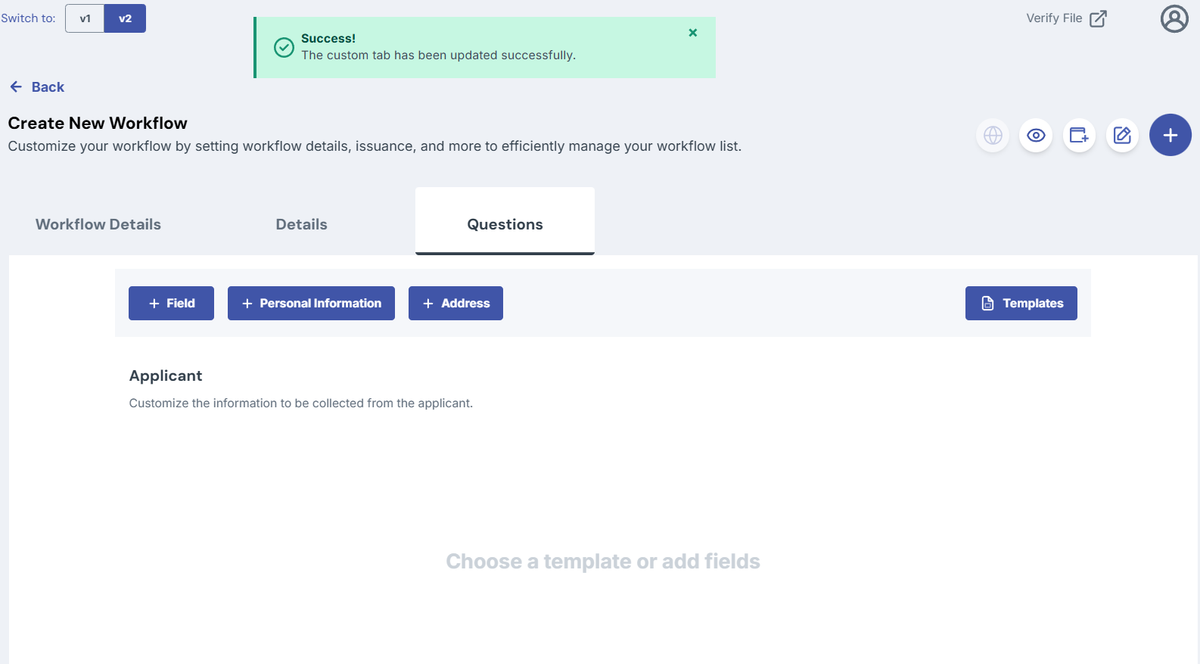 Image of the create workflow page with the popup showing that the custom tab has been updated successfully