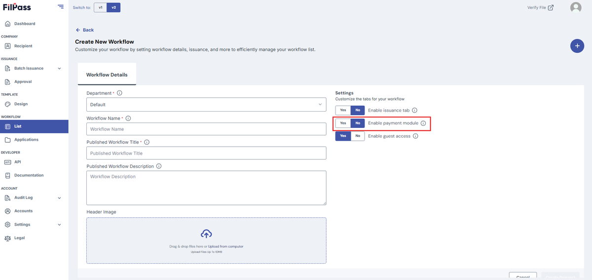 Image of the Create Workflow page with the Enable payment feature toggle highlighted in a red box