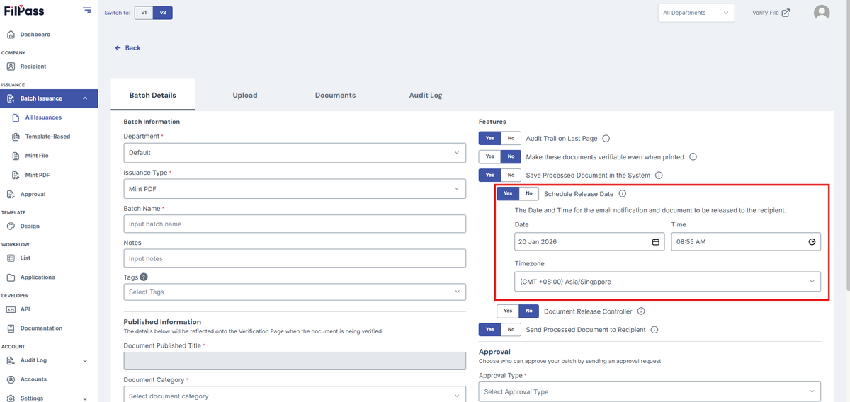 Image of Create batch with Scheduled Release date section highlighted in a red box