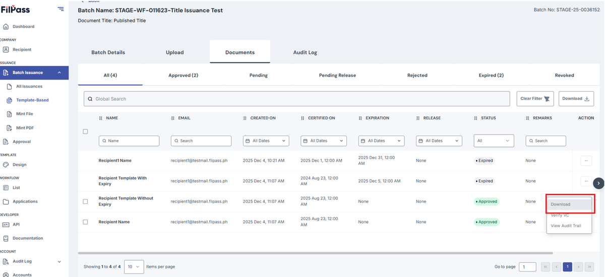 Image of Documents page with Download button highlighted by a red box