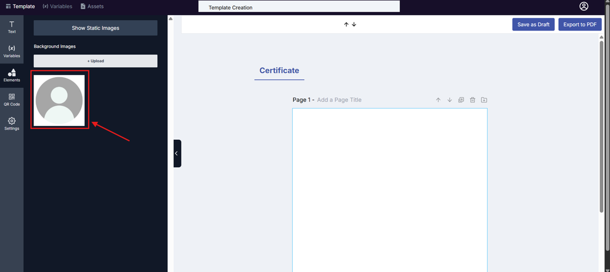 Image of the Template Design page with the existing Element highlighted in a red box