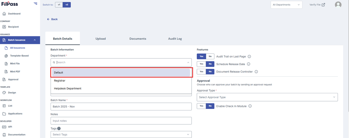 Image of Create batch page with the Default option in Department field option highlighted