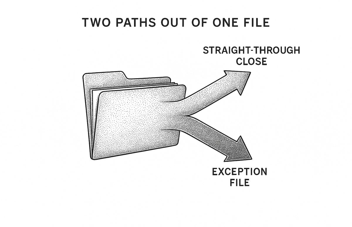 One customer file splitting into a straight-through close and an exception file