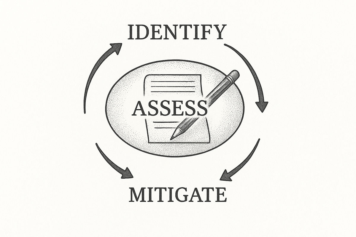Cycle diagram showing Identify, Assess, and Mitigate, with a written assessment inside Assess