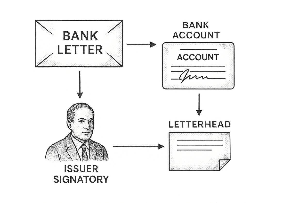 Diagram of bank-letter tells: issuer, signatory, and account versus letterhead