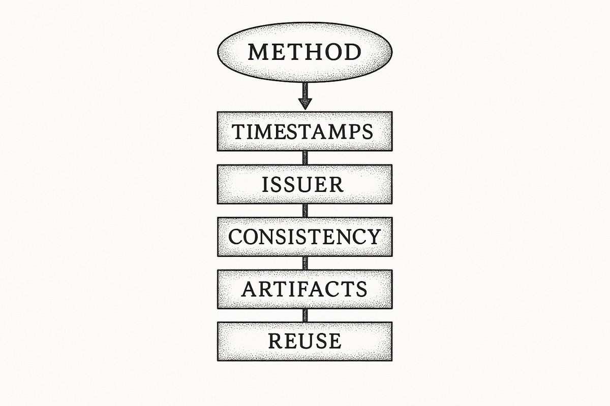 Flow of six checks on a share certificate: method, timestamps, issuer, consistency, artifacts, and reuse