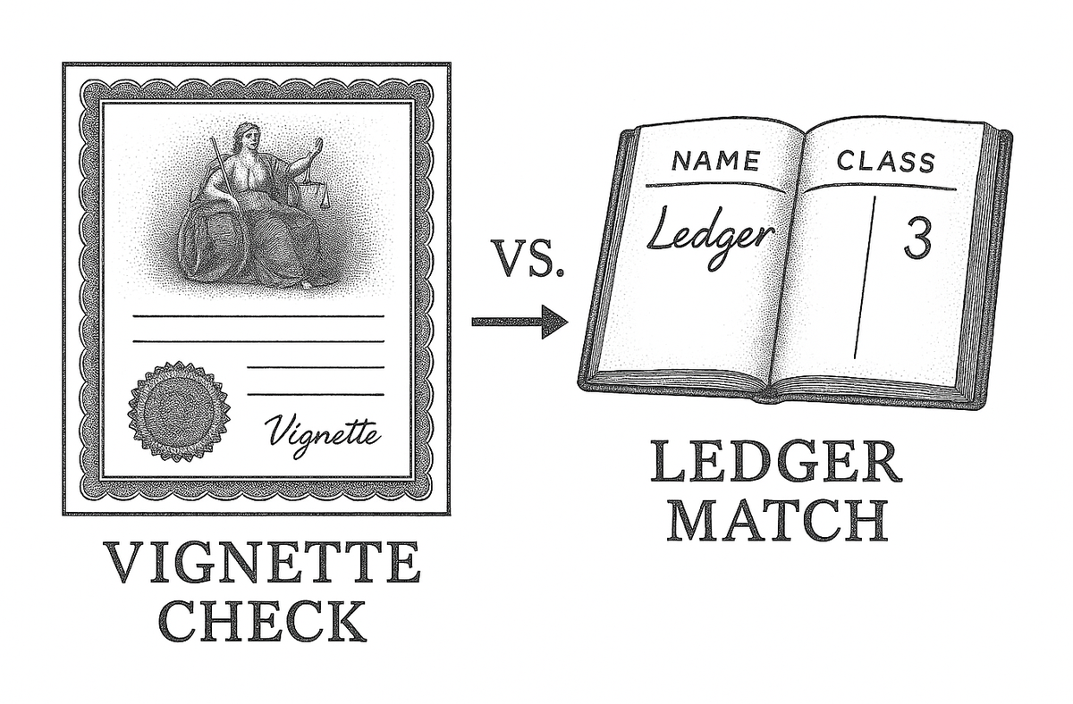 Comparison of a vignette check on an engraved certificate against a ledger match on name and class