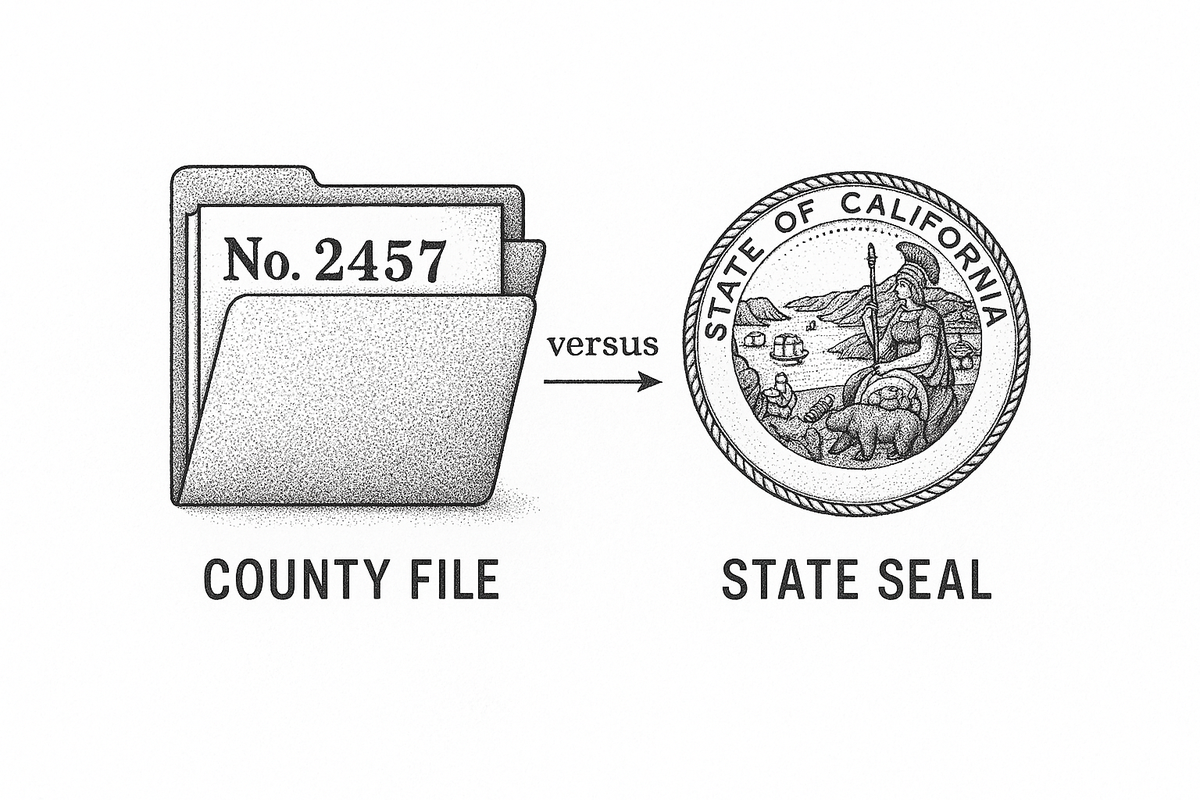 County file number versus a secretary of state seal