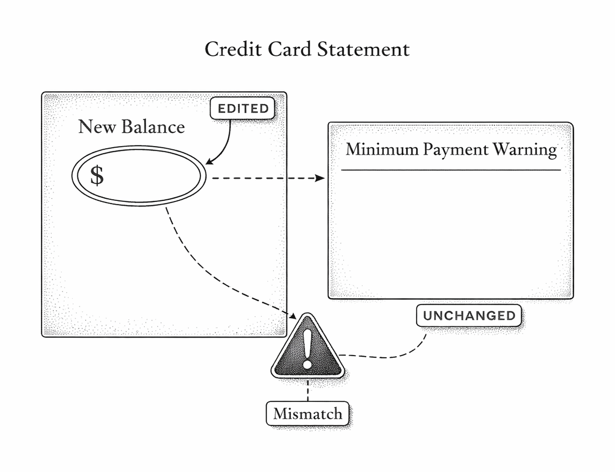 Credit card statement diagram: the New Balance field is marked edited, the Minimum Payment Warning box is unchanged, and the two produce a mismatch