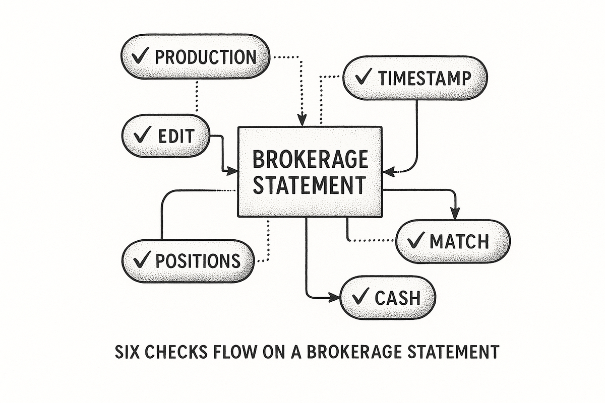 Six-check flow for a brokerage statement