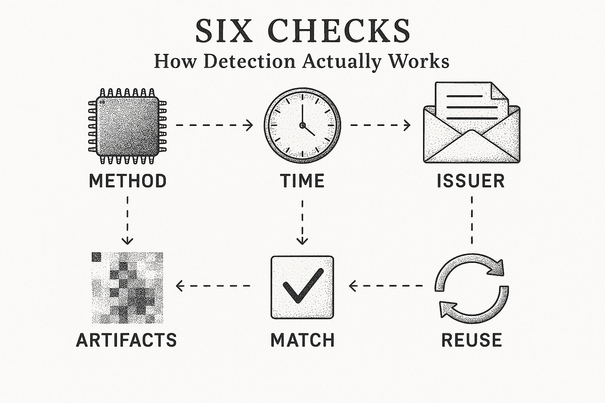 Six checks on an employment letter: production method, timestamps, issuer, consistency, model artifacts, and reuse