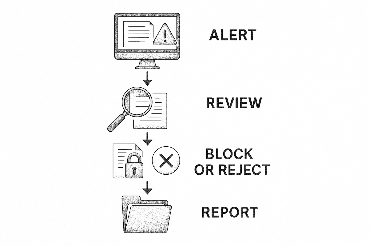 Vertical flow from a screening alert through review to block or reject, then report