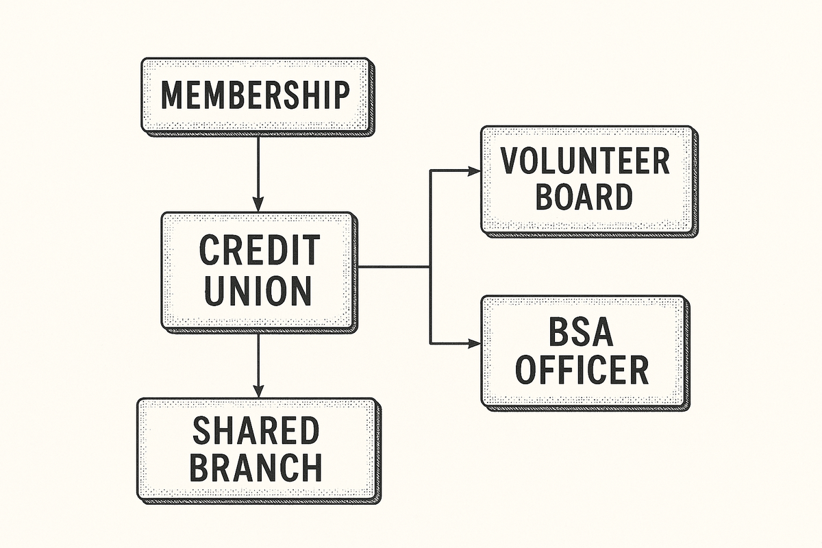 Diagram linking membership, a volunteer board, shared branching, and the BSA officer to the credit union