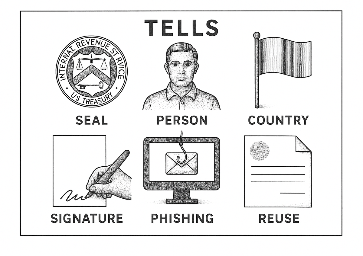 Six W-8BEN tells: seal, person, country, signature, phishing, and reuse