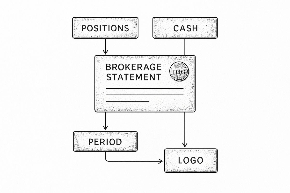 Diagram of brokerage-statement tells: positions, cash, and period versus logo