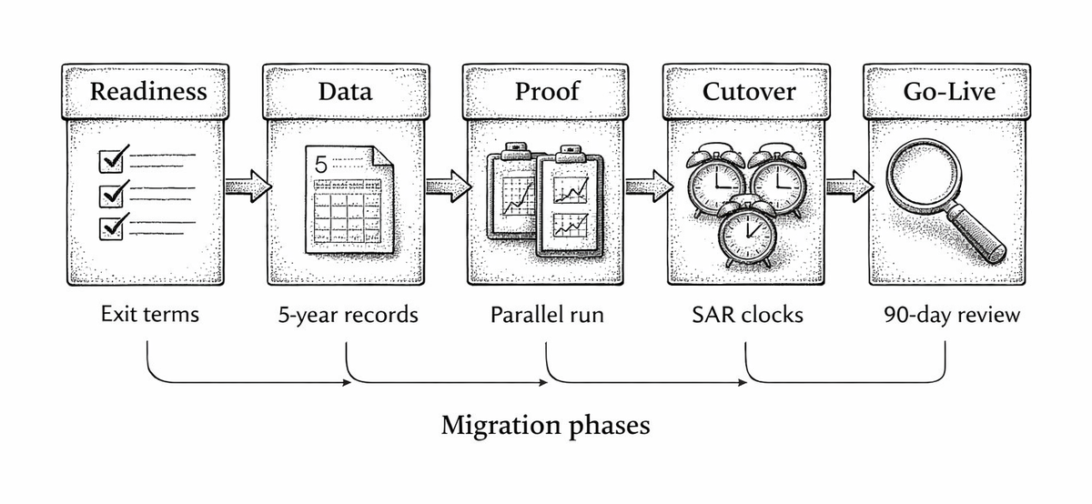 Five migration phases left to right: Readiness, Data, Proof, Cutover, Go-Live, labeled exit terms, 5-year records, parallel run, SAR clocks, and 90-day review