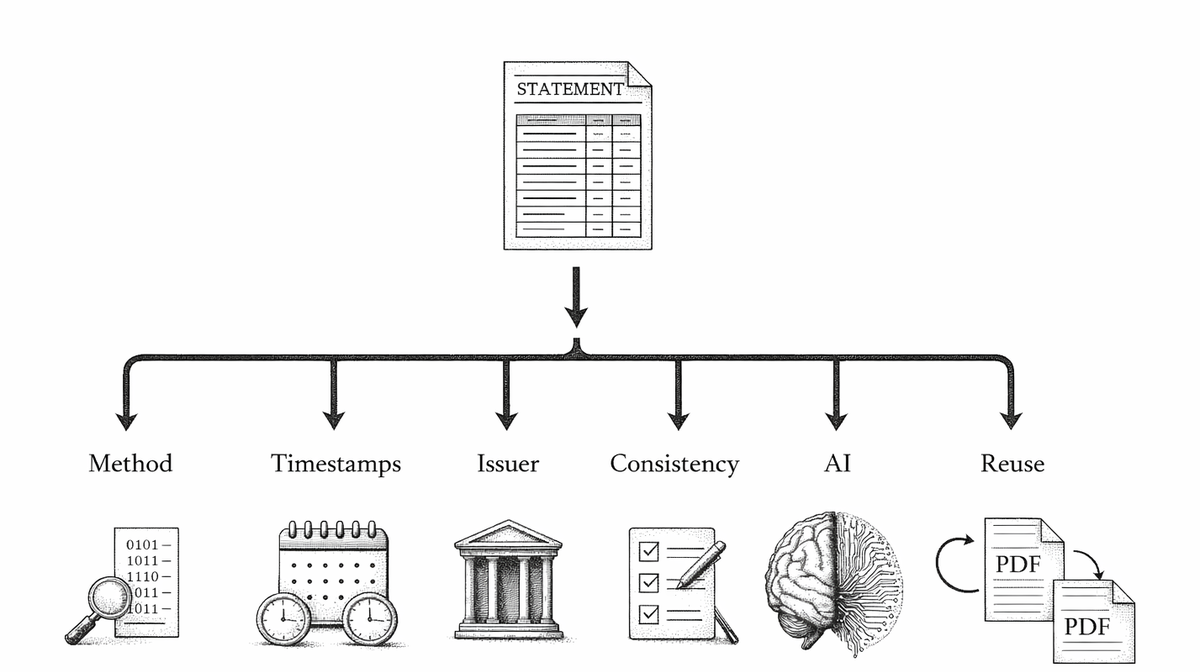 An exchange statement branching into six checks: production method, timestamps, issuer, consistency, AI artifacts, and reuse