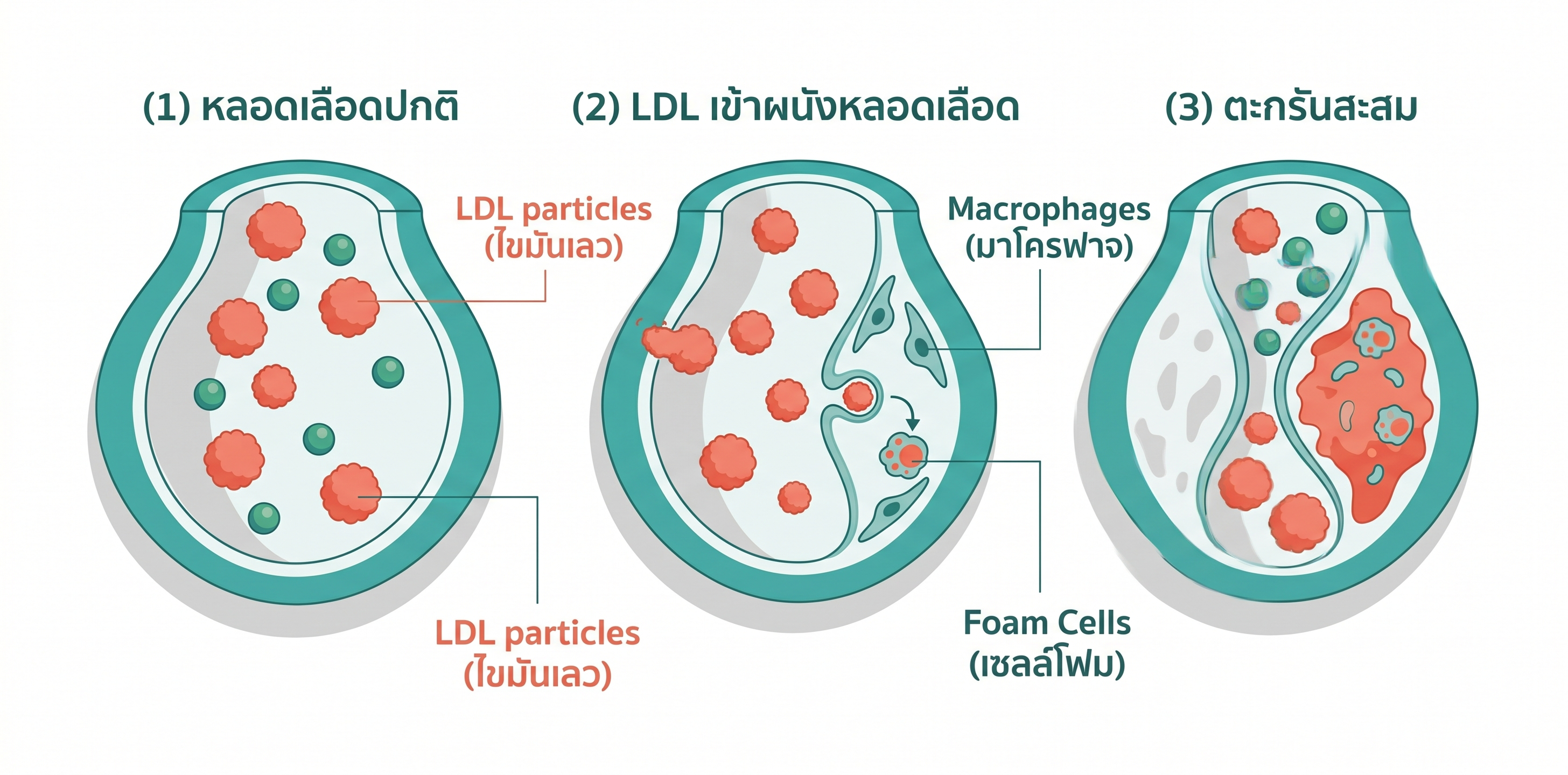 ไดอะแกรมแสดงกระบวนการสะสมตะกรันในหลอดเลือดจาก LDL ที่ถูกออกซิไดซ์