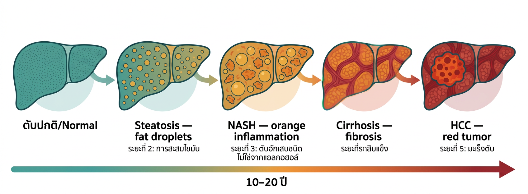 แผนภาพแสดงเส้นทางการลุกลาม จากตับปกติถึงมะเร็งตับ