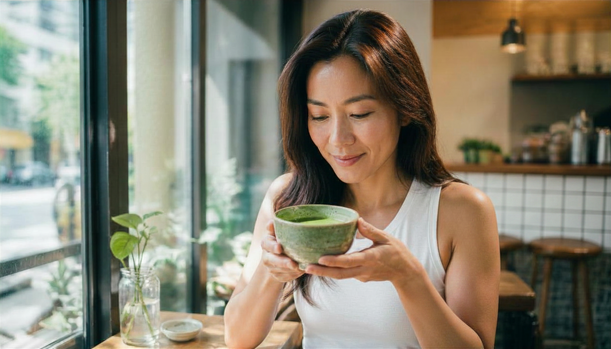 หญิงไทยวัย 30 ปีนั่งในร้านกาแฟกรุงเทพฯ ยามเช้า ถือชามมัทฉะสีเขียวสด มองด้วยสายตาใคร่ครวญและอบอุ่น