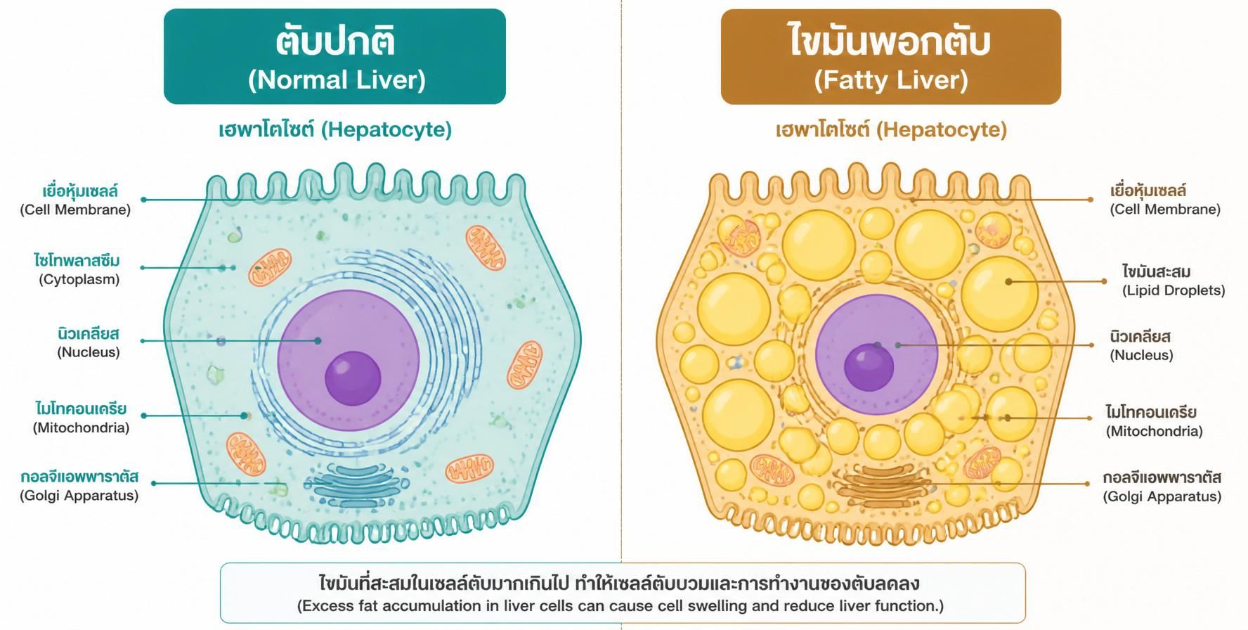 แผนภาพเปรียบเทียบเซลล์ตับปกติกับเซลล์ตับที่มีไขมันสะสม