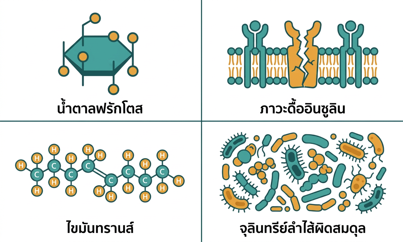 อินโฟกราฟิกแสดง 4 สาเหตุหลักของ NAFLD ที่ไม่ใช่แอลกอฮอล์