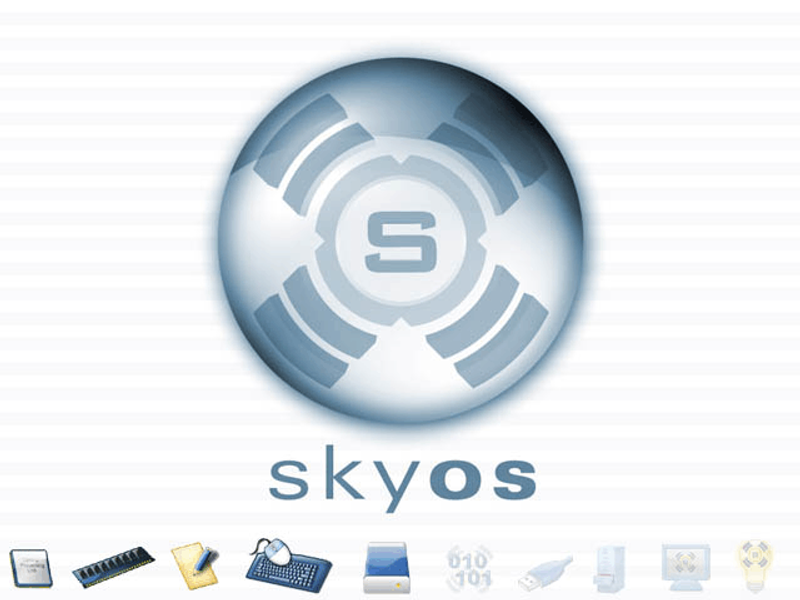 The SkyOS boot screen had the SkyOS logo and below it 10 icons indicating the progress in boot/installation.