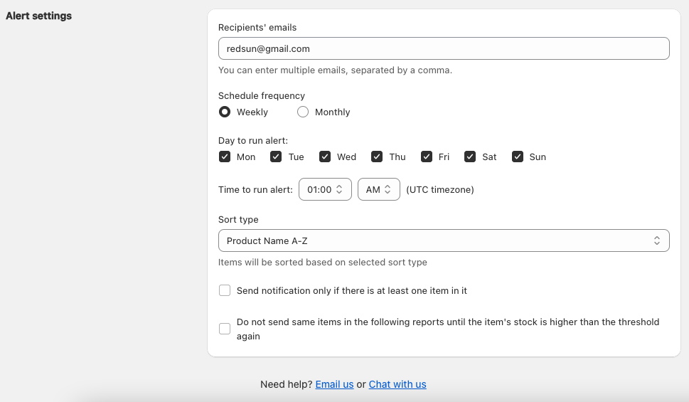 Alert settings screen with recipient email, weekly schedule with all seven days ticked, a 1:00 AM UTC run time and a sort type menu
