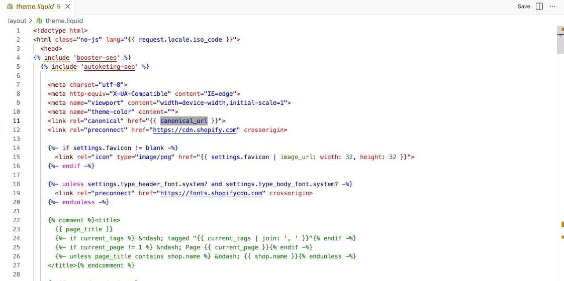 Shopify theme code editor showing the theme.liquid layout file with the canonical tag on line 11 and two SEO app snippets included at the top of the head