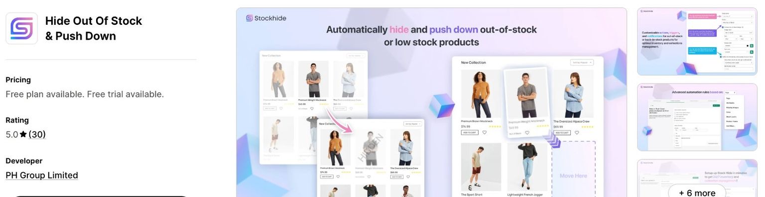 Hide Out Of Stock and Push Down listing on the Shopify App Store, showing a free plan and free trial, a 5.0 rating from 30 reviews and developer PH Group Limited