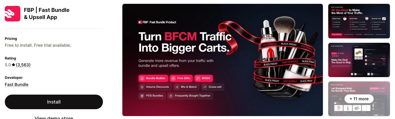 Fast Bundle and Upsell App on the Shopify App Store, rated 5.0 from 3,563 reviews, with a Turn BFCM Traffic Into Bigger Carts banner