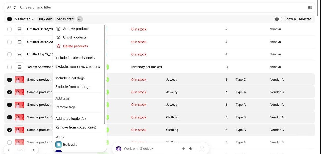 Shopify admin Products list with five products selected and the more actions menu open, showing Archive products, Unlist products, Delete products, Include in sales channels, Exclude from sales channels, Include in catalogs, Exclude from catalogs, Add tags, Remove tags, Add to collection(s), Remove from collection(s) and app actions
