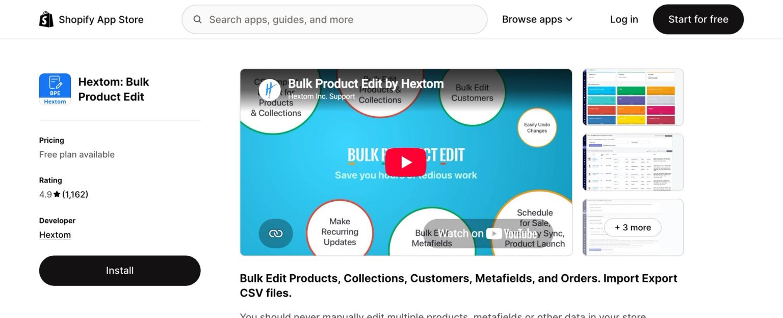 Hextom: Bulk Product Edit listing on the Shopify App Store, showing a free plan, a 4.9-star rating from 1,162 reviews and a tagline about bulk editing products, collections, customers, metafields and orders